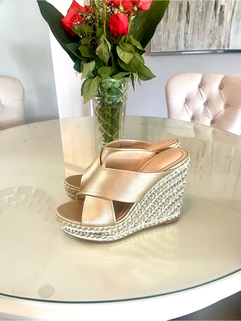 NWOB Charles By Charles David Cate Gold Rhinestone Espadrille Wedge Sandals 9